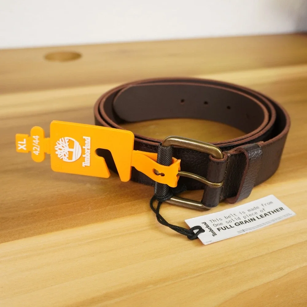 NEW Timberland Belt Mens XL 42/44 Brown Full Grain Leather Solid Brass Buckle
